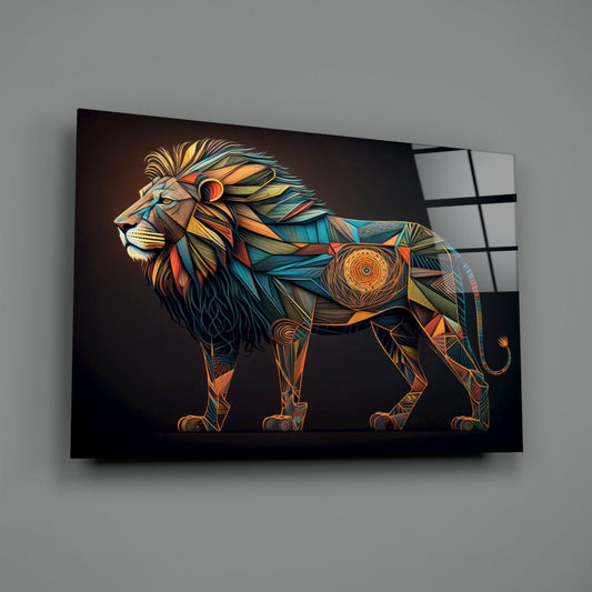 Geometric mosaic lion glass wall art displayed at an angle against a gray wall, showing colorful orange, blue, and teal patterned design on dark background.