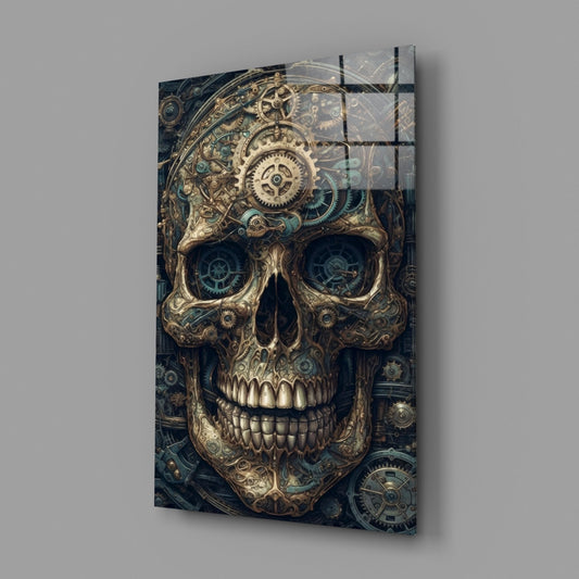 Steampunk-style skull wall art with ornate brass detailing, mechanical gears in eye sockets, displayed at an angled perspective against gray background.