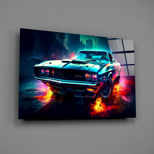 Neon-lit 1970s muscle car with glowing cyan and hot orange effects displayed on glass wall art against gray background.