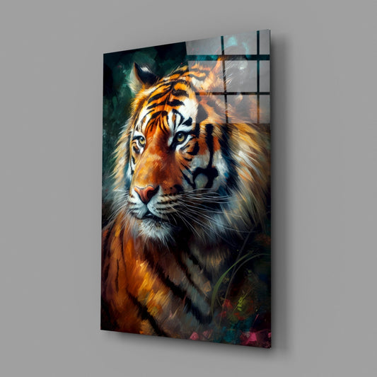 A tiger portrait on glass wall art displayed at an angle, showing the animal's face with orange, white, and black stripes against a dark teal background.
