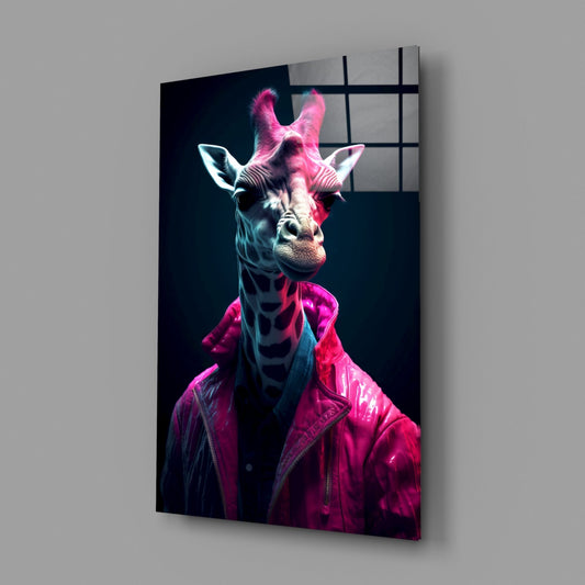 Glass wall art displaying a neon pink and cyan giraffe wearing a glowing jacket against dark background, angled view.