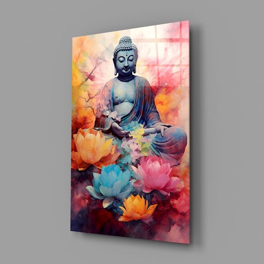 Angled view of glass wall art showing seated Buddha statue surrounded by colorful lotus flowers in warm and cool tones against gradient background.