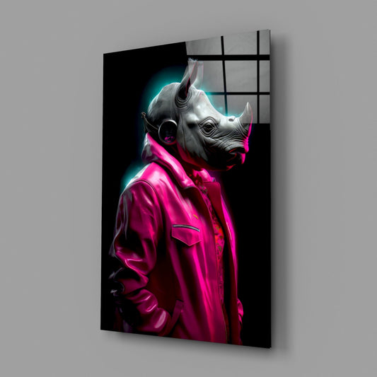 Rhino wearing hot pink jacket with cyan neon glow, shown in profile against black background on glass panel with grid overlay.