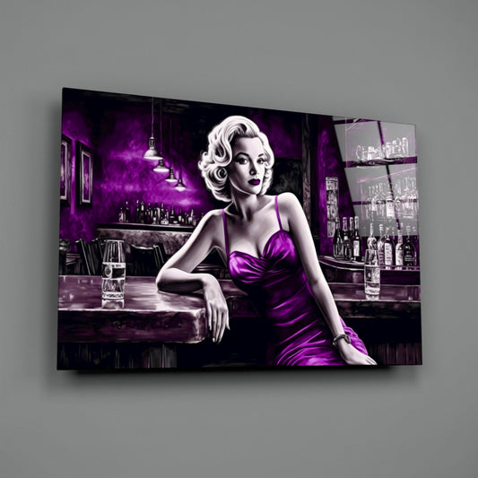 Glass wall art featuring a blonde woman in a purple satin dress at a bar counter, mounted on gray wall.