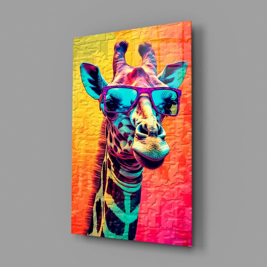 Angled view of neon pop art giraffe wearing purple sunglasses against vibrant gradient background transitioning from yellow to pink.
