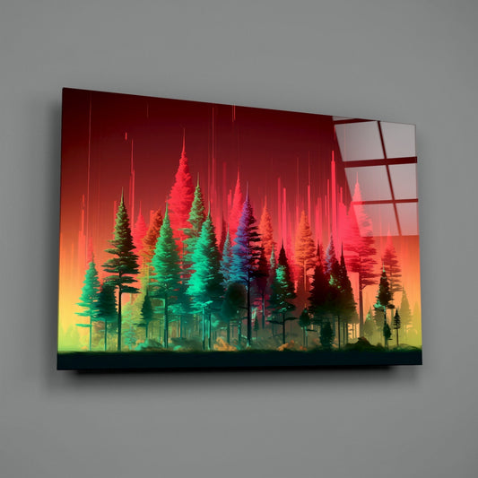 Angled view of neon forest glass wall art displaying vibrant red, green, and yellow gradient sky with illuminated pine tree silhouettes.