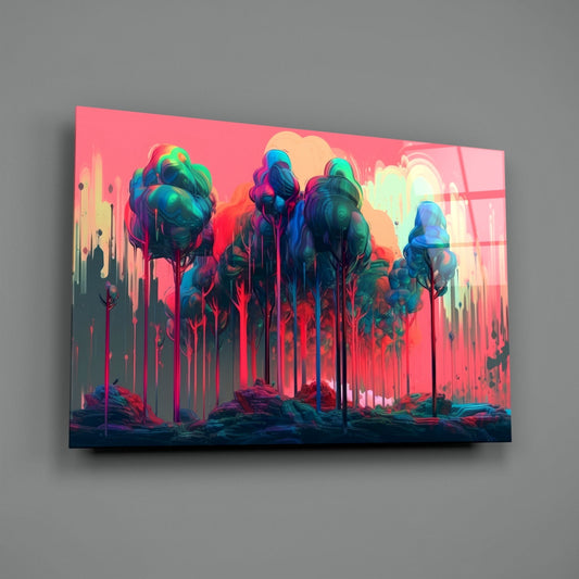 Glass wall art panel displaying a surreal forest landscape with neon pink sky, dripping paint effect, tall trees in blue and teal tones, mounted on gray wall at angle.
