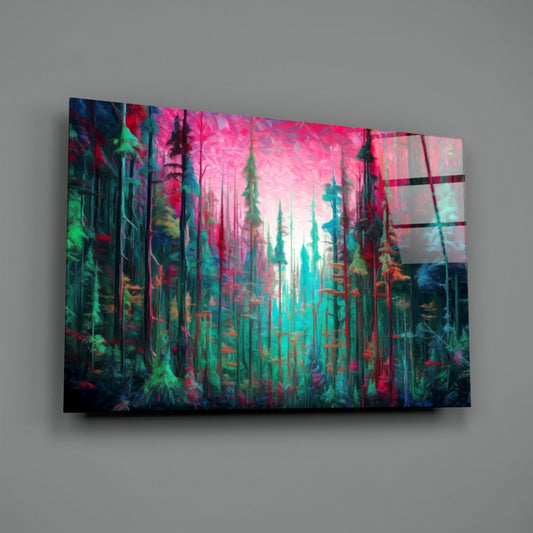 Angled perspective of glass wall art displaying a vibrant forest scene with magenta sky, teal trees, and horizontal black dividing lines.