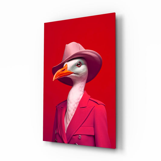 Angled view of a glass wall art panel featuring a stylized seagull wearing a hot pink suit and cowboy hat against a red background.