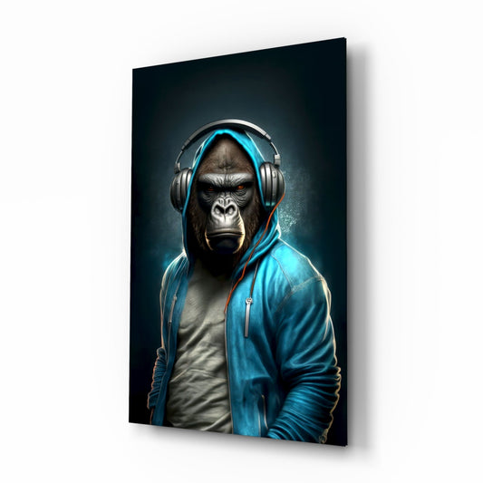 Angled perspective view of a glass wall art panel displaying a gorilla wearing a blue hoodie and headphones against a dark teal background.