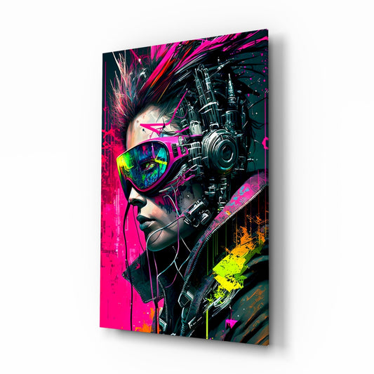 Angled side view of glass wall art showing a cyberpunk woman with neon pink hair and holographic visor, mounted on white background.