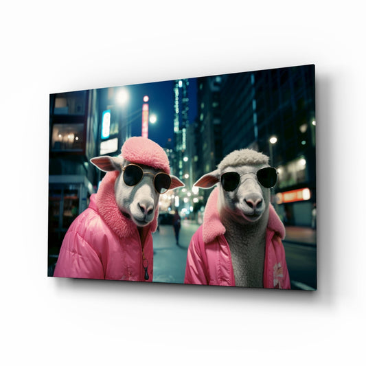 Two anthropomorphic sheep wearing pink puffer jackets and sunglasses stand on a nighttime city street displayed on glass wall art.