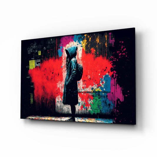 Angled perspective of glass wall art showing hooded figure facing vibrant red paint splashes with multicolored drips on dark background.