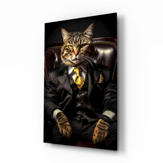 Angled perspective of glass wall art depicting a tabby cat in black suit with gold tie seated in leather chair against dark background.