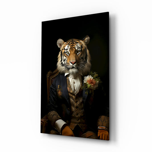 Angled view of glass wall art showing a tiger in formal black blazer with bow tie holding a coral flower against dark background.