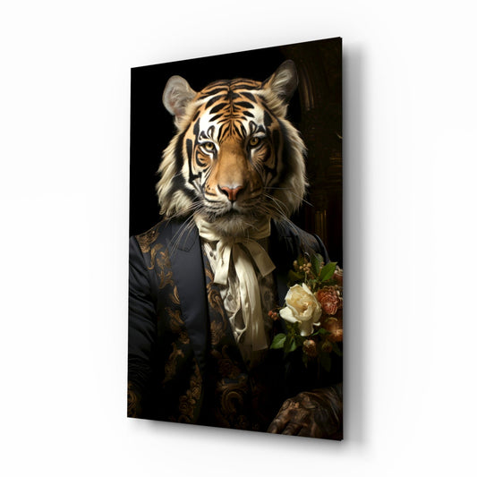 Angled view of glass wall art displaying a white tiger in ornate black brocade jacket with cream cravat and roses against dark background.