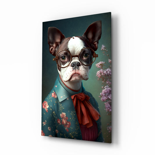 Angled view of glass wall art showing a stylized brown and white bulldog wearing round glasses, floral shirt, and red bow tie against teal background with purple flowers.