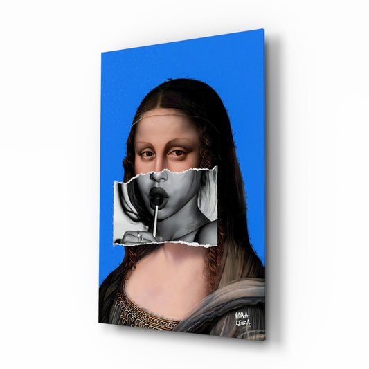 Angled perspective of glass wall art featuring Mona Lisa portrait with torn paper effect revealing black and white face, vibrant blue background, and artist signature.