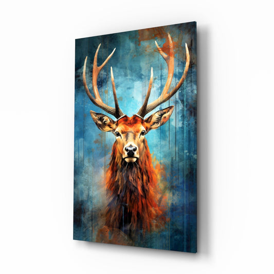 A mounted glass panel displaying a reddish-brown stag with large antlers against a blue and teal textured background with rust-colored drips.