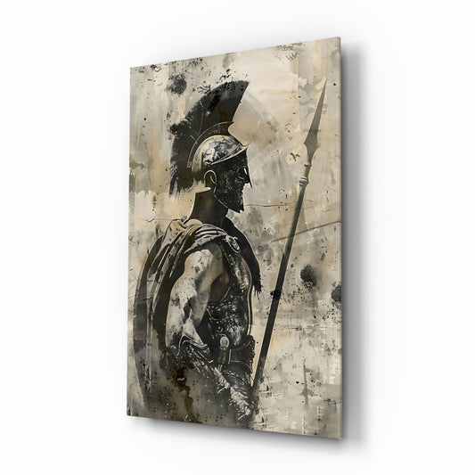 Three-quarter view of sepia-toned glass wall art depicting an armored Spartan warrior with spear, featuring distressed beige and black tones with weathered texture effects.