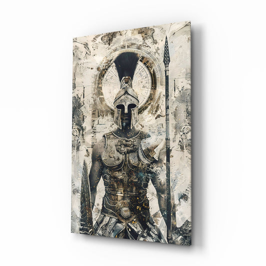 Front-facing view of glass wall art depicting an armored Spartan warrior with compass design backdrop, gold and cream distressed finish.