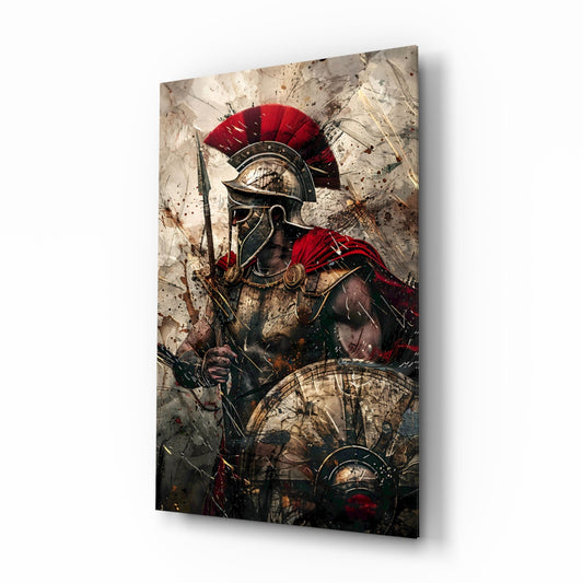Angled product display of glass wall art featuring a Spartan warrior with red-crested helmet holding a spear and shield against a textured beige background.