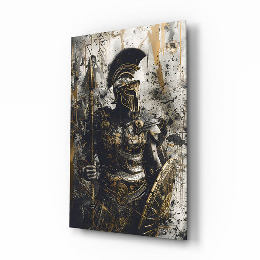 Black and gold Roman centurion helmet artwork on glass panel, angled three-quarter view showing splattered gold accents on white background.