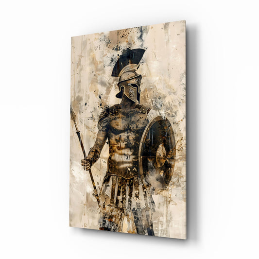 Angled front view of glass wall art displaying a sepia-toned warrior in Corinthian helmet holding spear and round shield against distressed cream background.