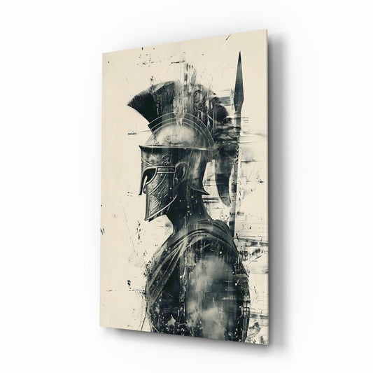 Double-exposure glass wall art showing Spartan helmet profile overlaid with architectural cityscape in monochrome on cream background.