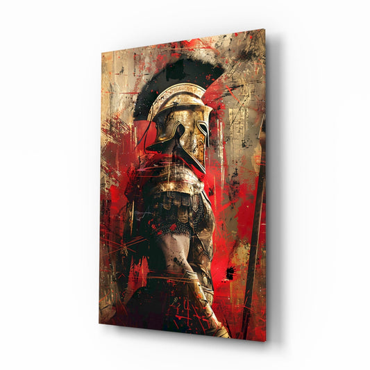 Angled perspective of glass wall art displaying a gold Roman warrior helmet with black plume against red and gold textured background with splatter effects.