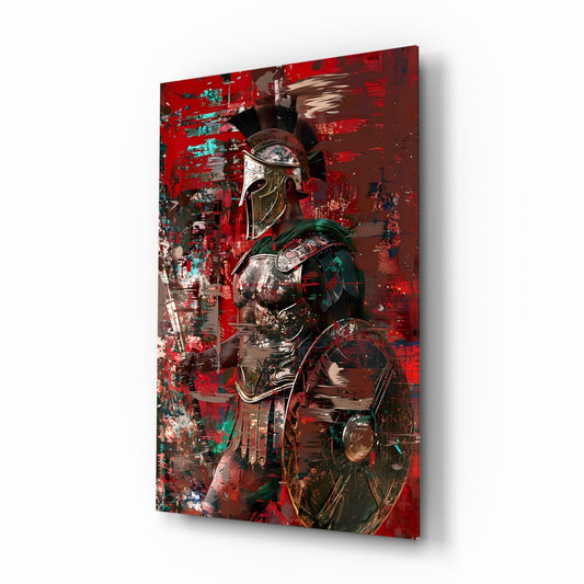 Angled side view of deep red glass wall art featuring an ornate armored gladiator figure with turquoise and metallic accents against textured background.