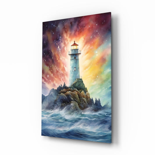 Glass wall art displaying a lighthouse on rocky shores surrounded by turbulent ocean waves beneath a dramatic sunset sky with orange, purple, and gold hues.