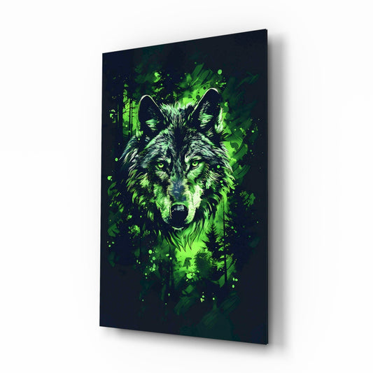 Angled perspective view of a glass wall art panel featuring a neon green wolf's face with splatter effects on a dark background, mounted against white wall.