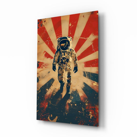 Angled side view of glass wall art featuring a stylized astronaut silhouette centered against red and cream sunburst rays with distressed vintage texturing.