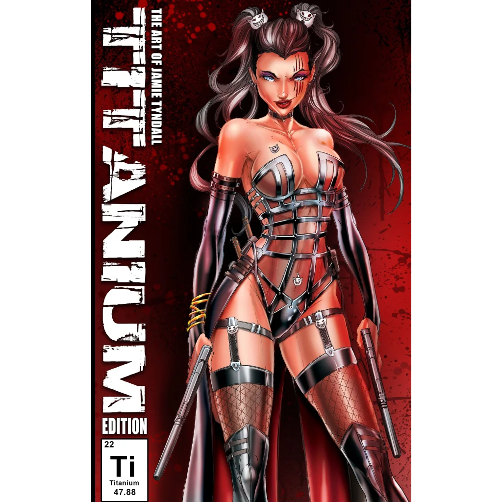 Stylized comic cover of dual-wielding warrior woman in black red armored bodysuit with pistols