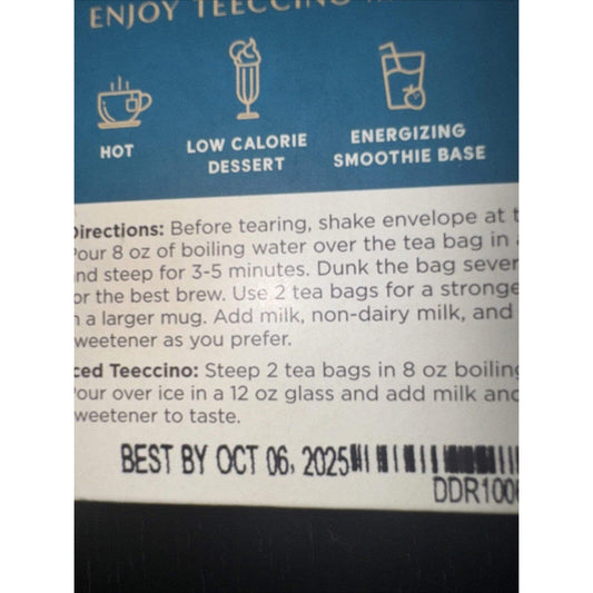 Close-up of product packaging back panel showing brewing instructions, three beverage icons, and "Best By OCT 06, 2025" date on blue and cream background.