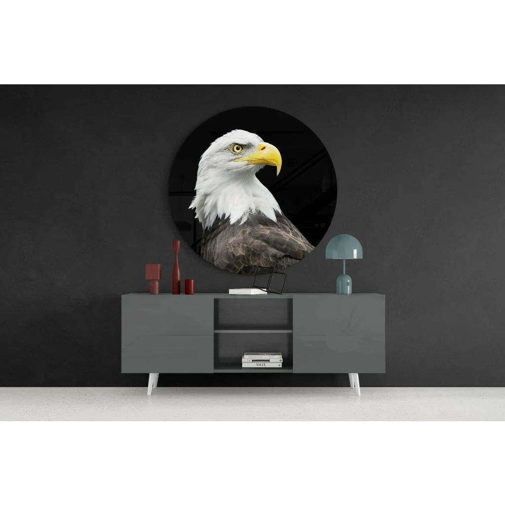 Majestic Bald Eagle tempered glass art with size comparison