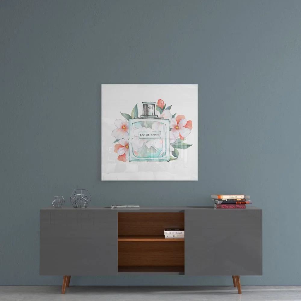 Floral Perfume Bottle Tempered Glass Art Print | Contemporary Home Wall Art | vintageantiquesgifts.com