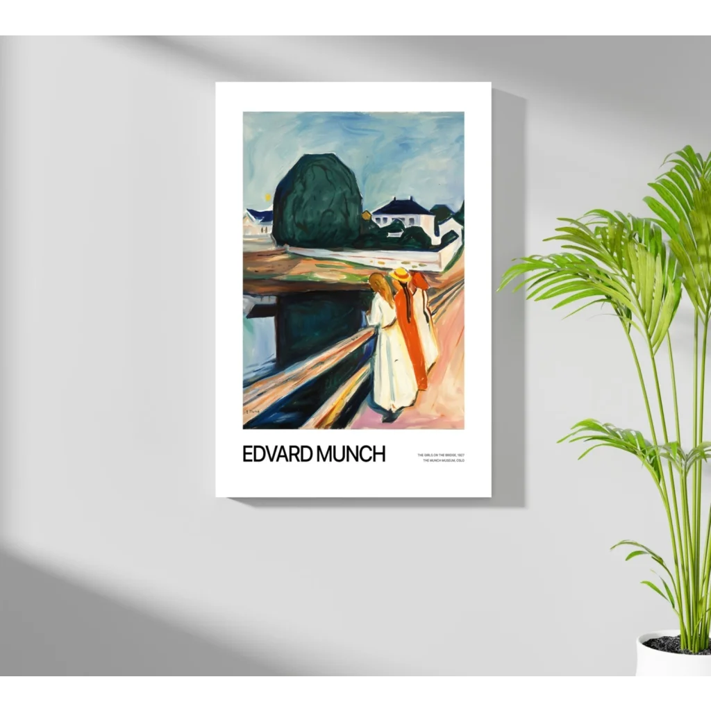 Edvard Munch poster of woman in white orange attire on abstract landscape with skull chain vase set