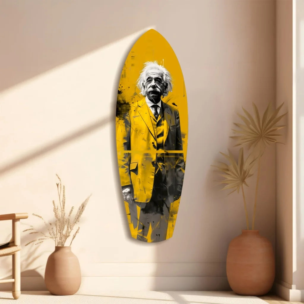 Vibrant yellow tempered glass art of Einstein surfboard portrait
