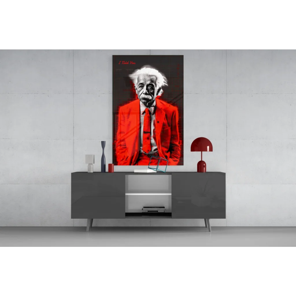 Einstein red leather jacket glass wall art with suit and tie