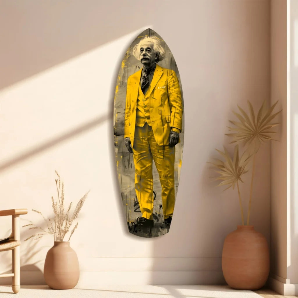 Vibrant yellow tempered glass art of Einstein on surfboard shape