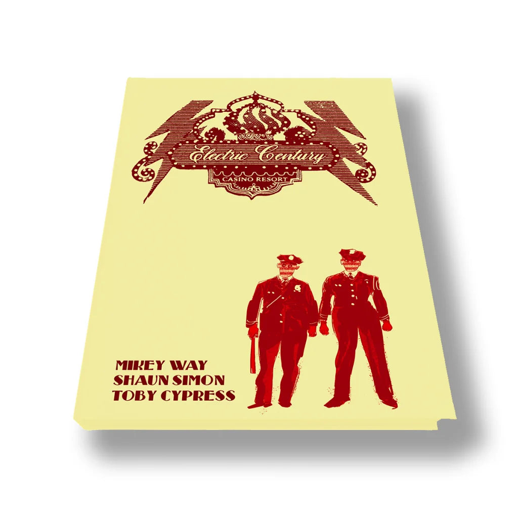 Pale yellow Electric Century Deluxe Edition album cover with red police and crest design