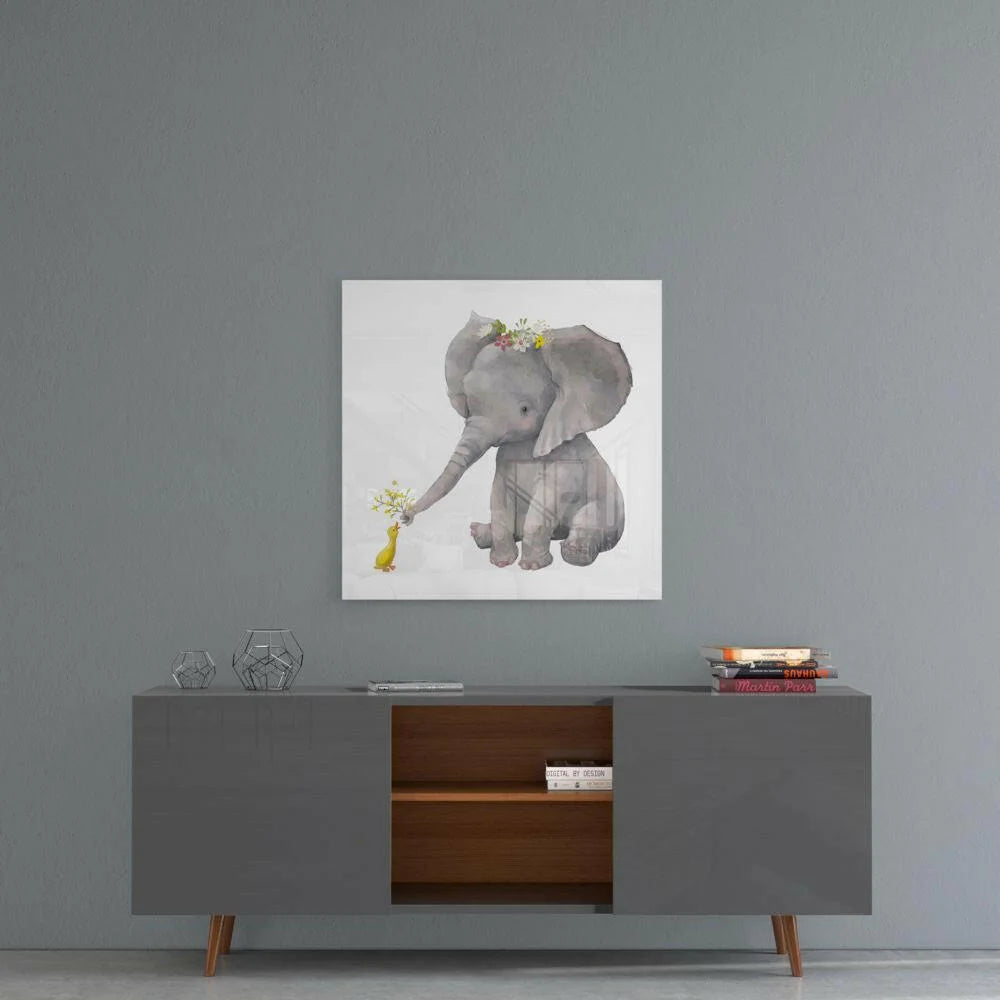 Adorable gray elephant with flowers and bird glass wall art print