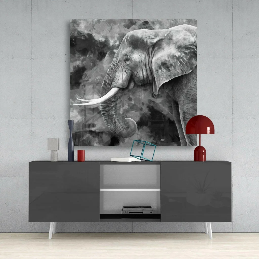 Black-and-white watercolor elephant on textured glass wall art