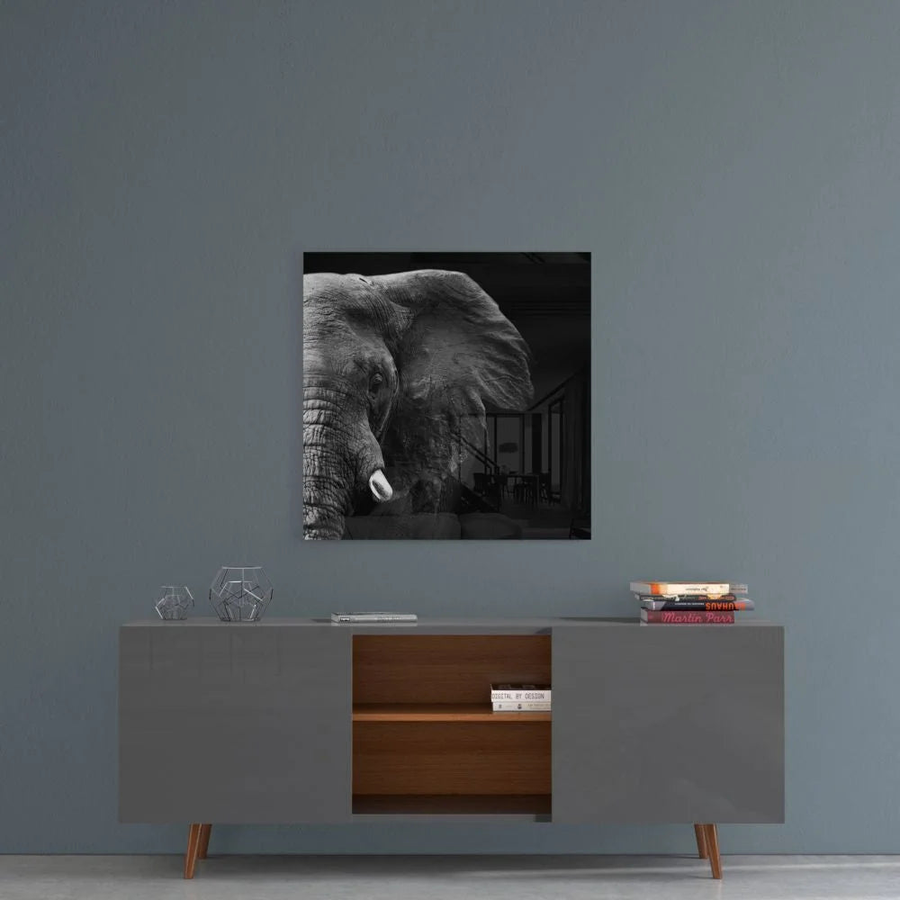 Black-and-white elephant head photo in stunning tempered glass art