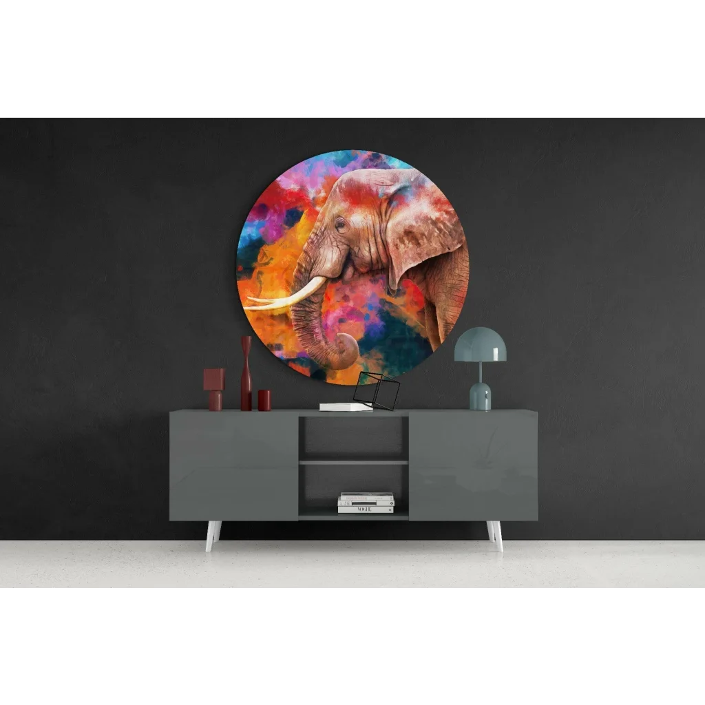 Majestic elephant tempered glass art with swirling watercolor hues