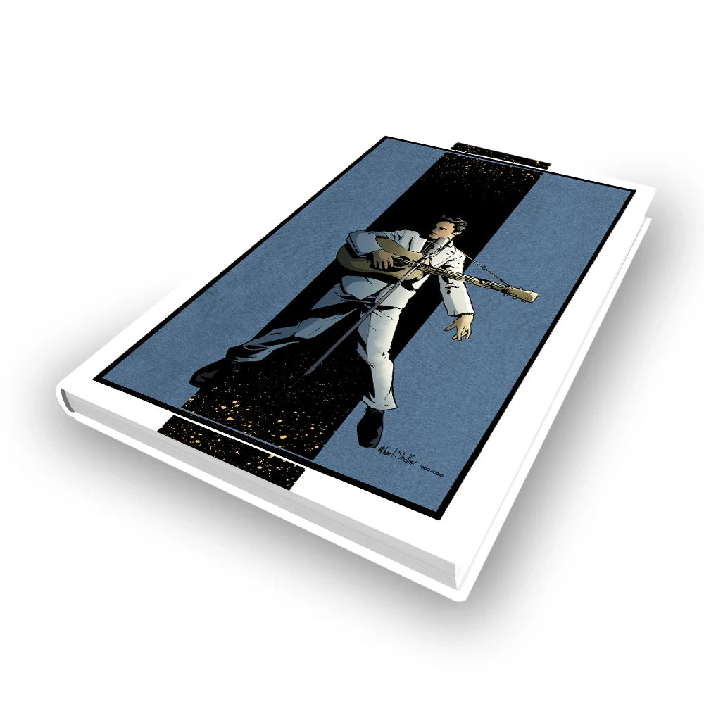 Deluxe book featuring Elvis Presley and a comic with a man playing guitar by Chris Miskiewicz