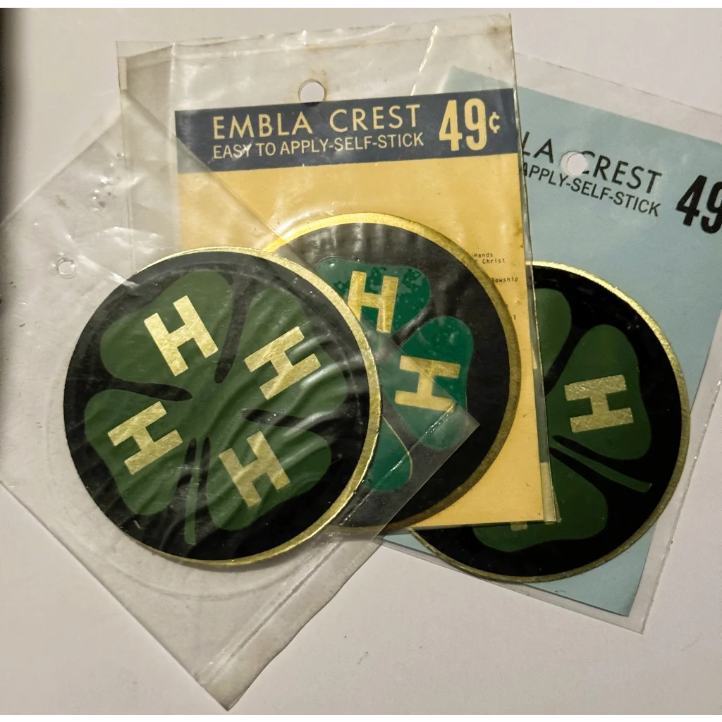 Vintage 4-H emblem stickers featuring Embla Crest from the rare 1960s 4H decal collection