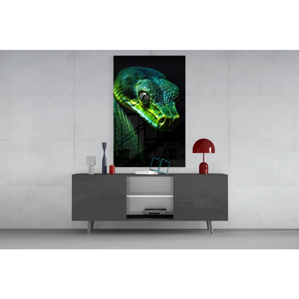 Vibrant green python glass wall art on gray console